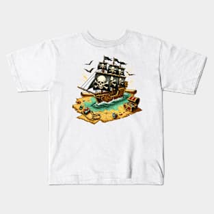 Pirate Ship, Sailing On A Treasure Map Kids T-Shirt